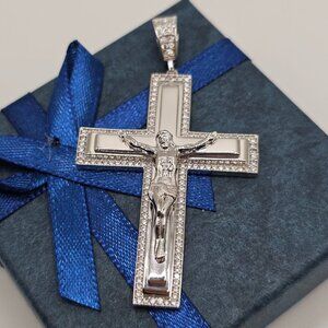 Sterling Silver 925 Rhodium Plated Crucifix Clear CZ Pendant